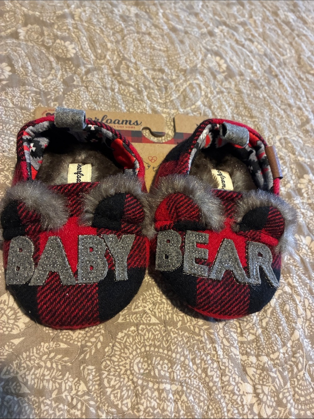 Dearfoams Red & Black Plaid 'BABY BEAR' Kids Slippers